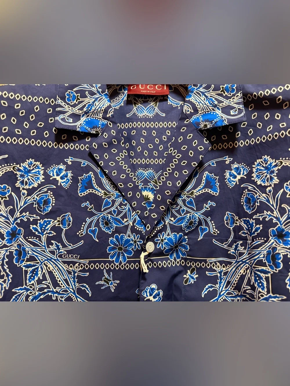New Authentic Gucci Logo Button Up Floral Shirt Navy White Size IT 48 / US M